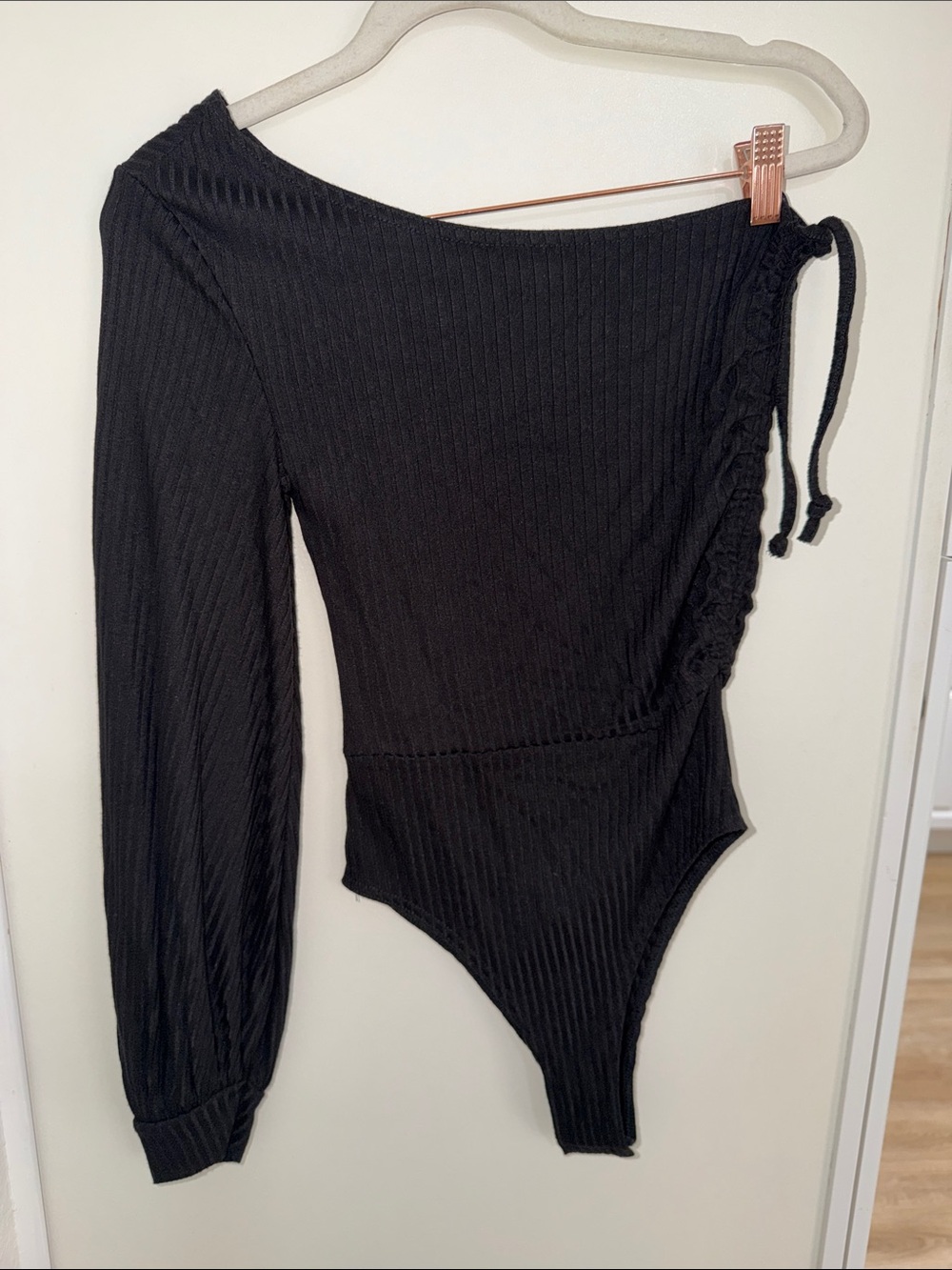Forever 21 One-Shoulder Black Ribbed Bodysuit Ruched with Side Tie | S